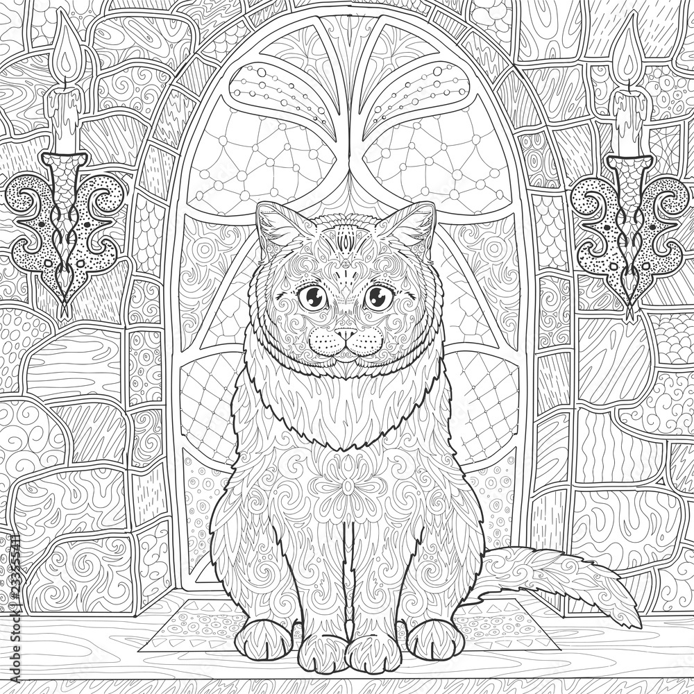 Ðat sitting on the window stained glass with candles in castle coloring book page vector