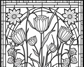Flowers stained glass window printable adult coloring page from colouringquest coloring book pages for adults and kids instant download