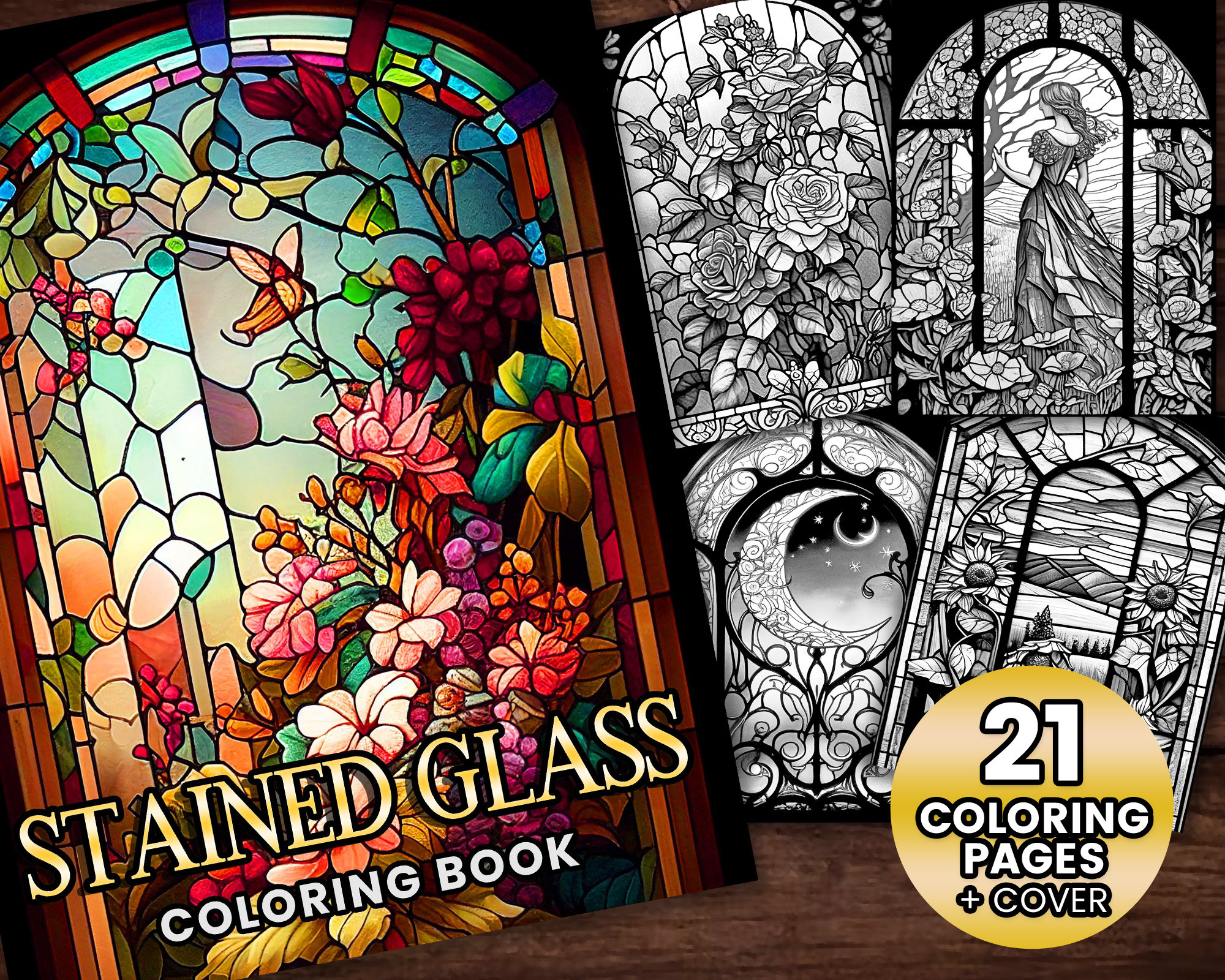 Stained glass collection coloring page adults kids instant download grayscale coloring page gift printable pdf stained glass