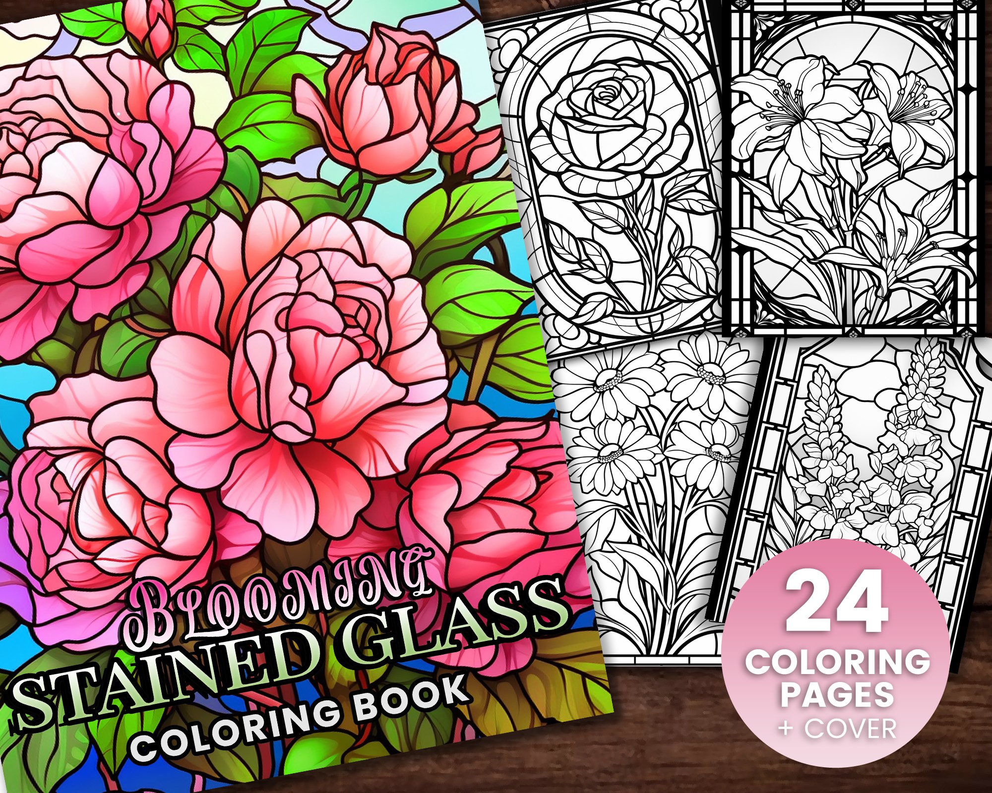 Blooming stained glass collection coloring book adults kids