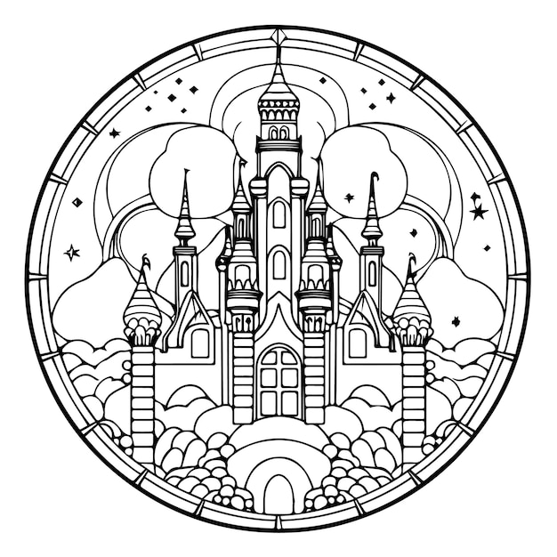Premium vector a stained glass window with a castle in the middle coloring page vector illustration