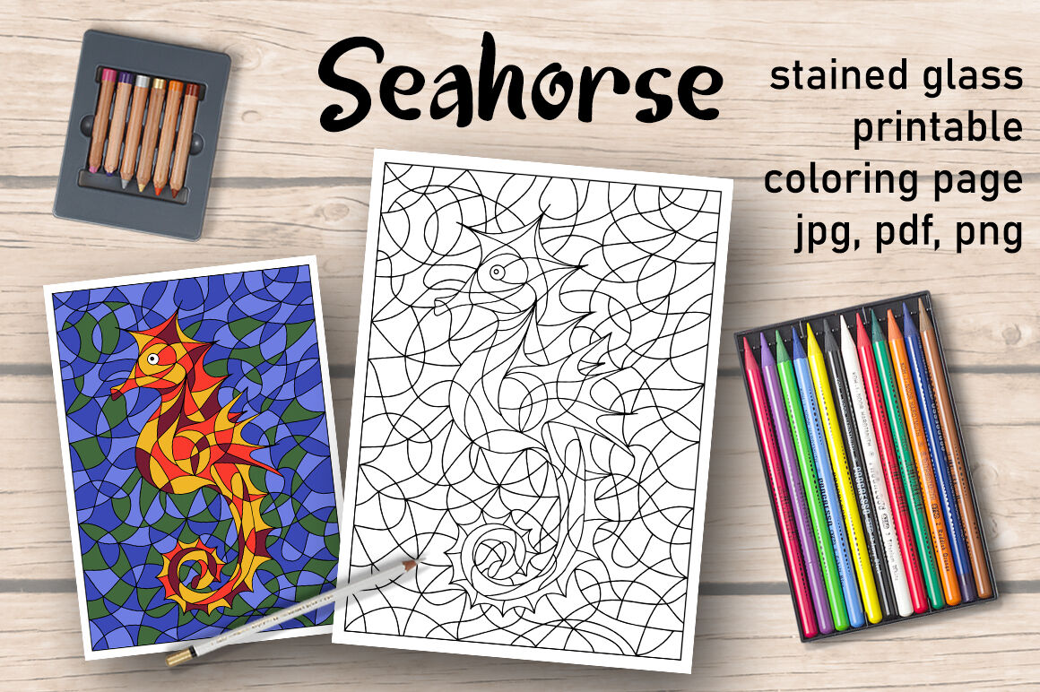 Seahorse coloring page stained glass coloring book by irisidia
