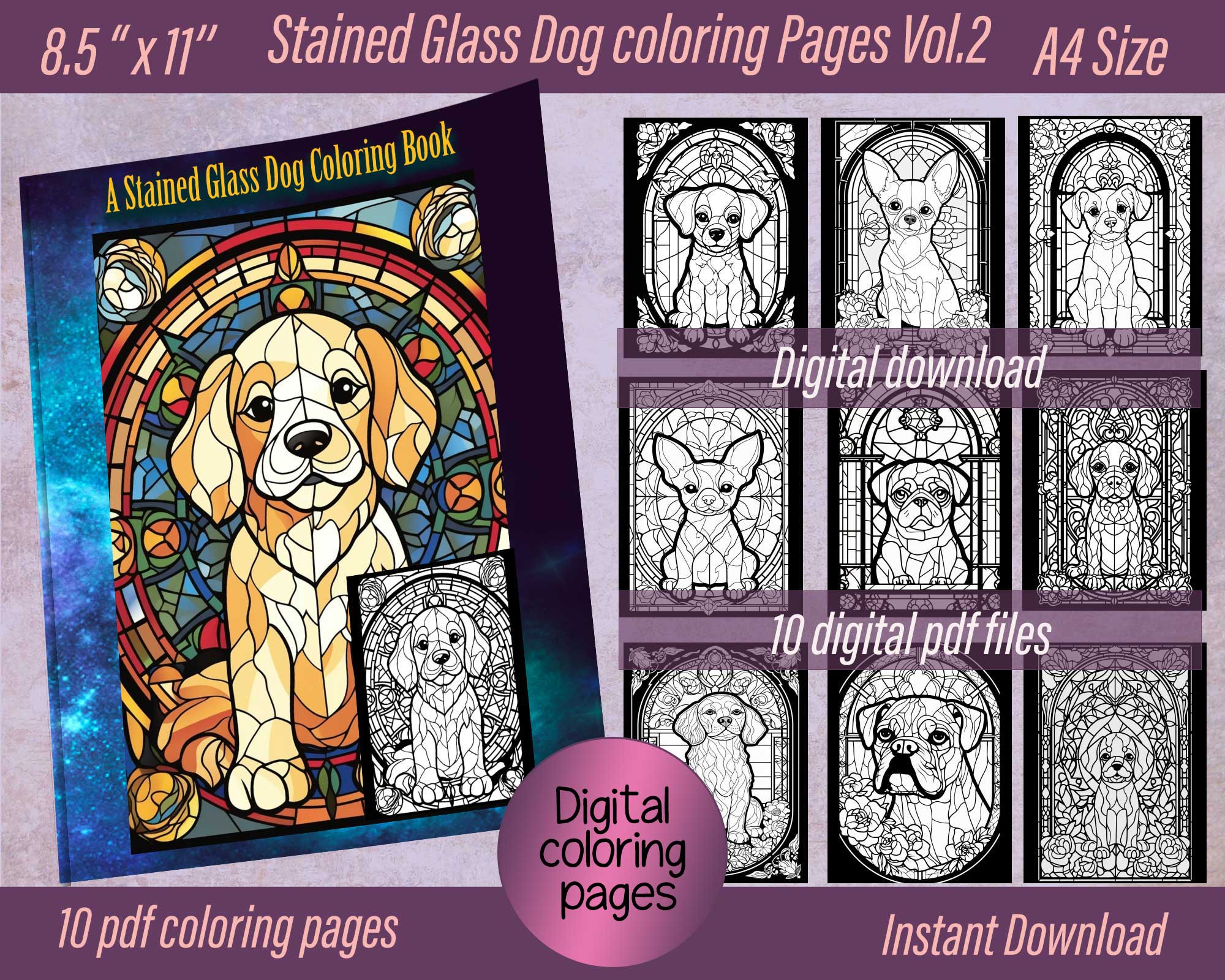 Stained glass dog coloring pages vol digital pdf file