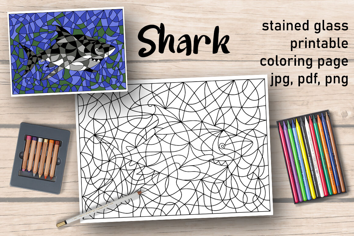 Shark coloring page stained glass coloring book by irisidia