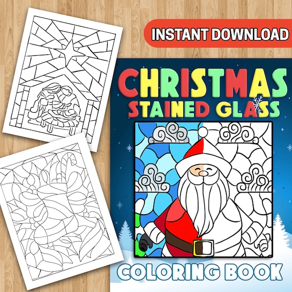 Best value christmas stained glass coloring book instant download festive designs stress relieving patterns ornaments perfect gift