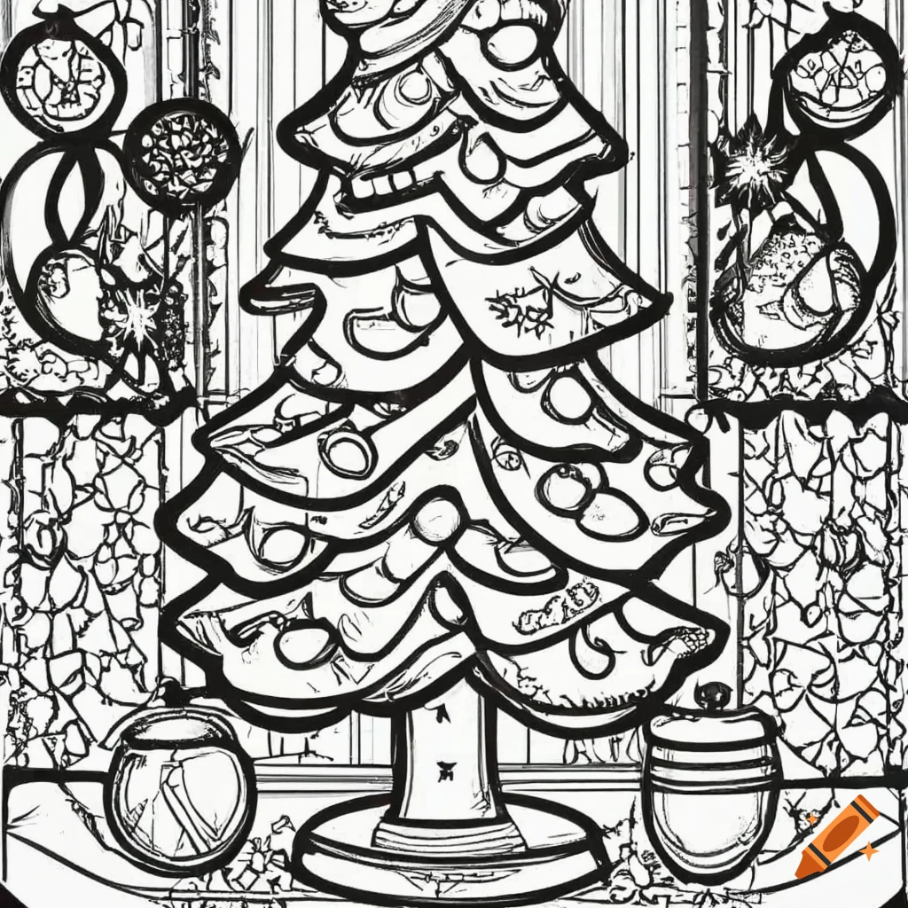 Christmas tree coloring page covered in snow on