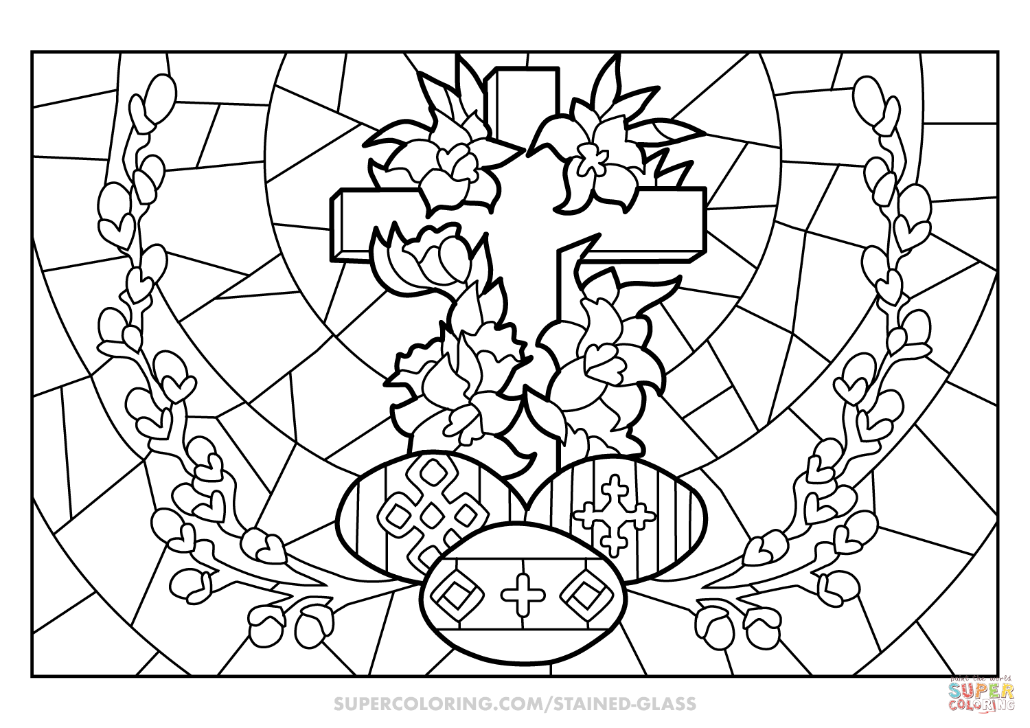 Easter cross and eggs stained glass coloring page free printable coloring pages