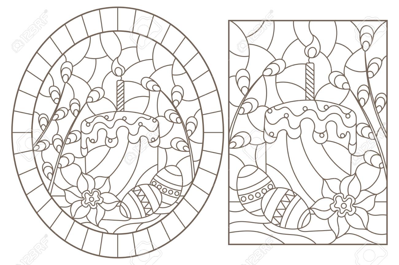 Set of contour illustrations of stained glass windows for the easter holiday still life with cakes eggs and willow dark outlines on a white background royalty free svg cliparts vectors and stock