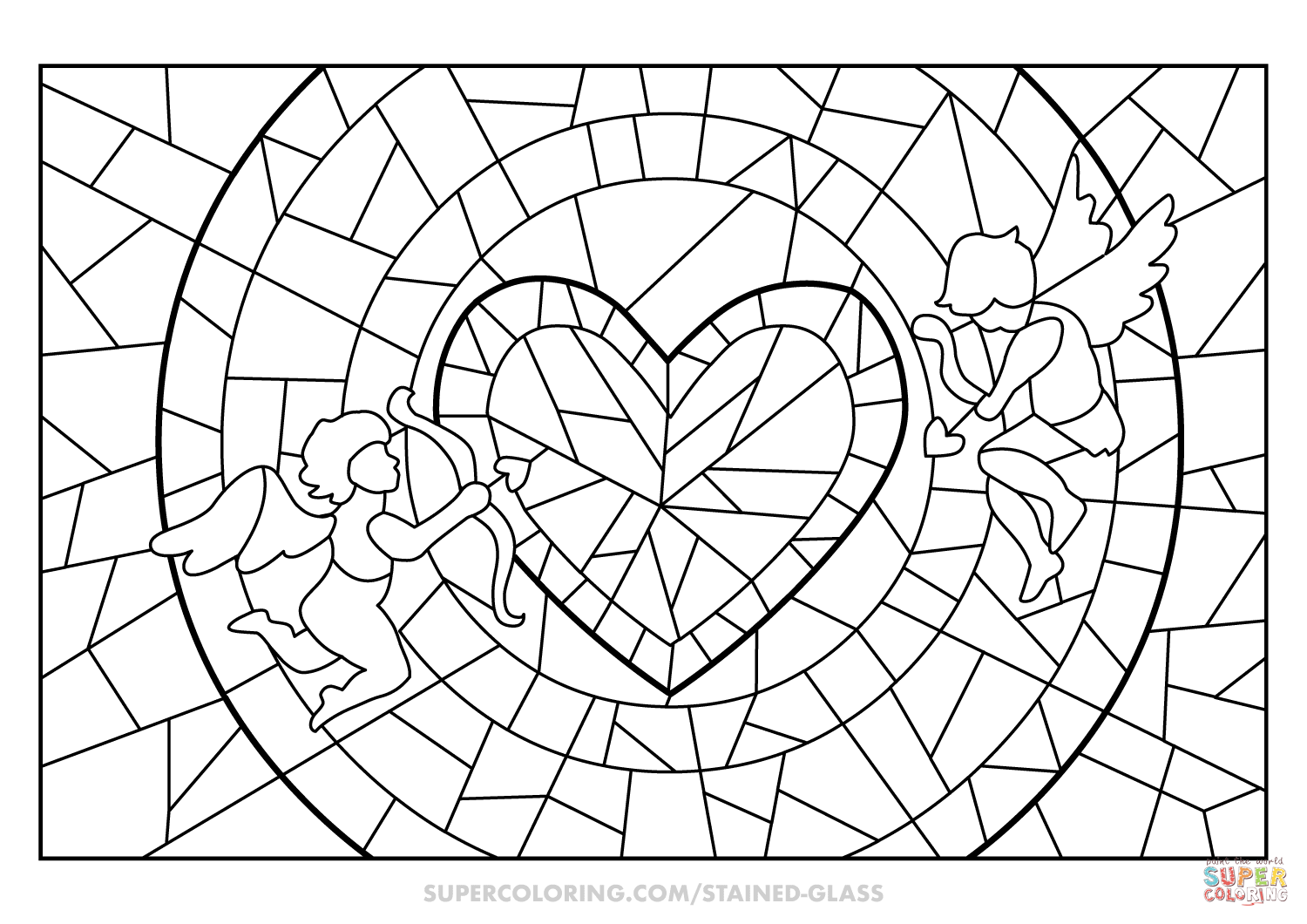 Cupids and heart stained glass coloring page free printable coloring pages