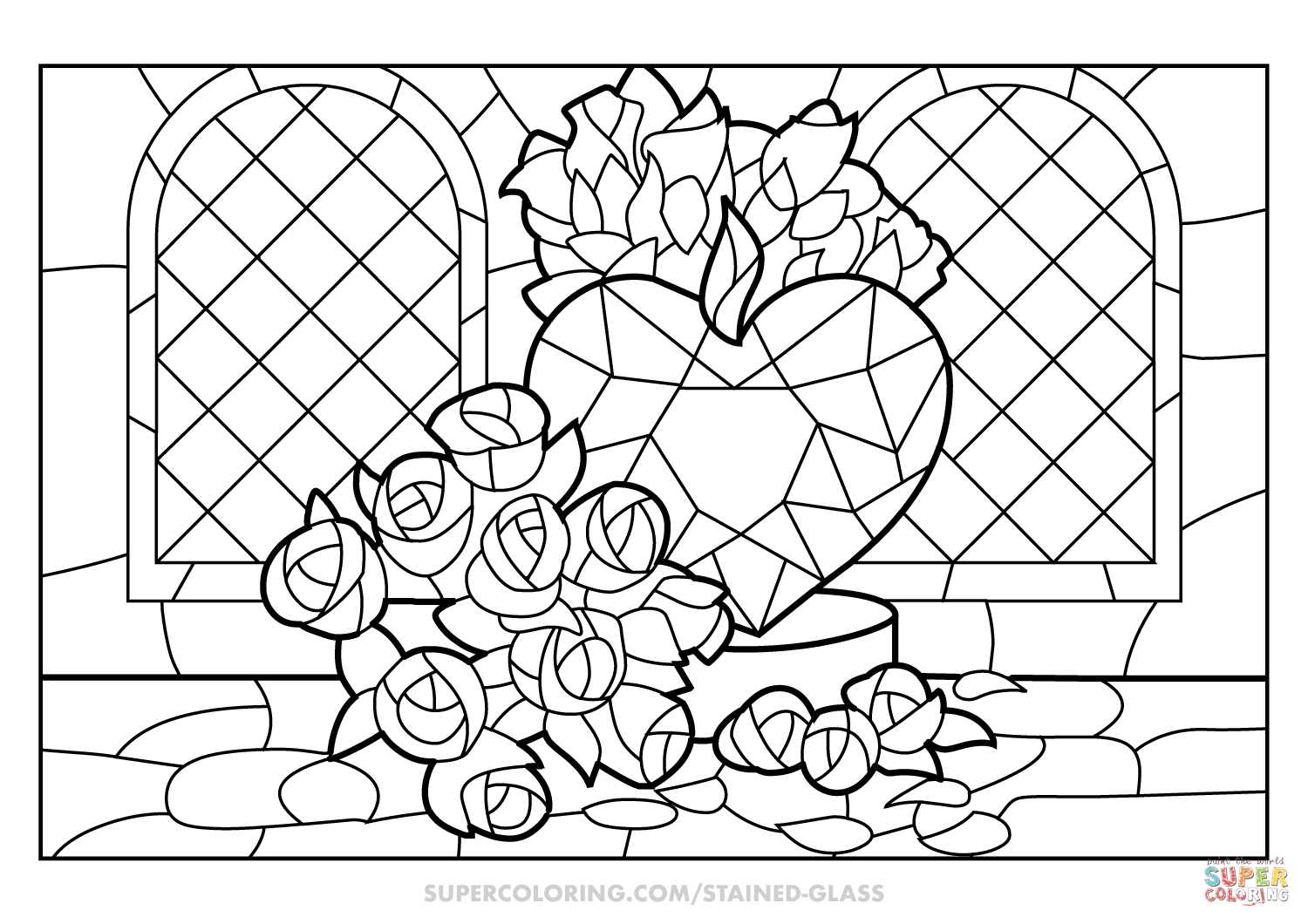 Roses and heart stained glass coloring page free printable coloring pages