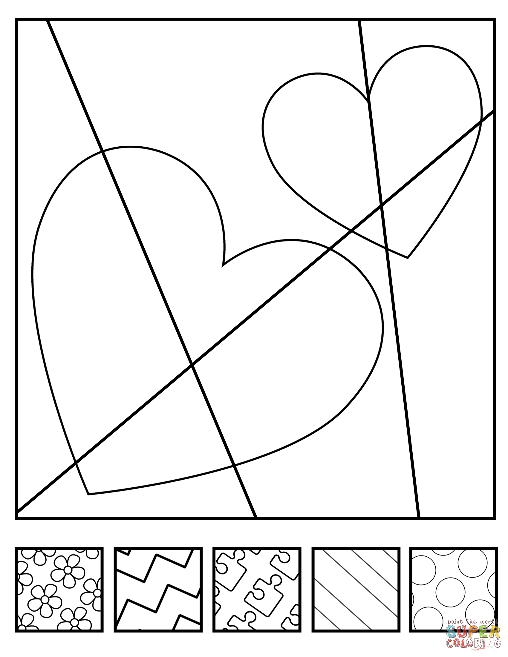 Fill and color hearts with pop art patterns coloring page free printable coloring pages