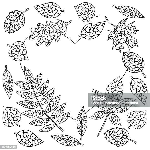 Frame with autumn leaves coloring page stock illustration