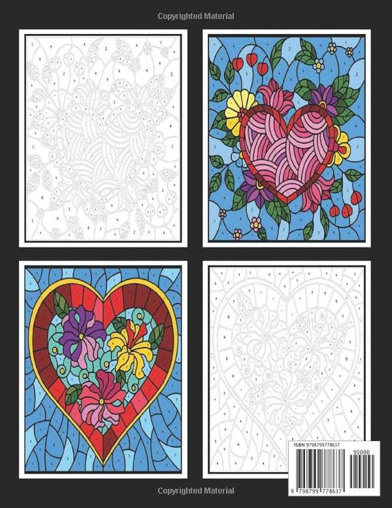 Valentines day stained glass color by number a valentines day coloring book containing romantic patterns love trees swirl designs and flowery hearts romantic pattern and heart designs d dunn otha