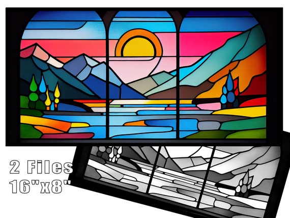 Sunrise over lake stained glass window pattern print download digital art files x dpi stained glass art print coloring page
