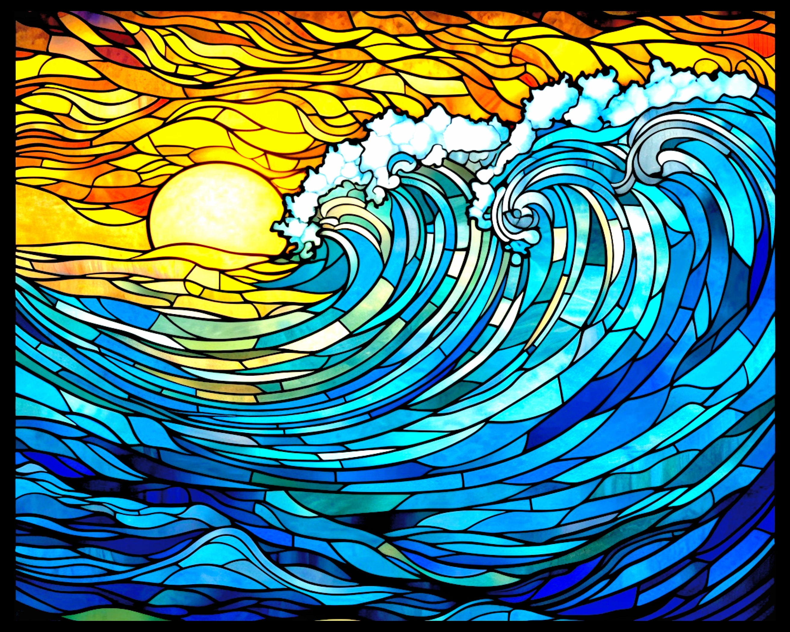 Sunrise over high ocean waves stained glass pattern print download ocean sunrise digital art jpg file x dpi ocean coloring book