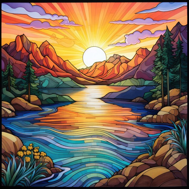 Premium ai image serene sunrise a vibrant adult coloring page of mountains and lake awash in blues and yellows