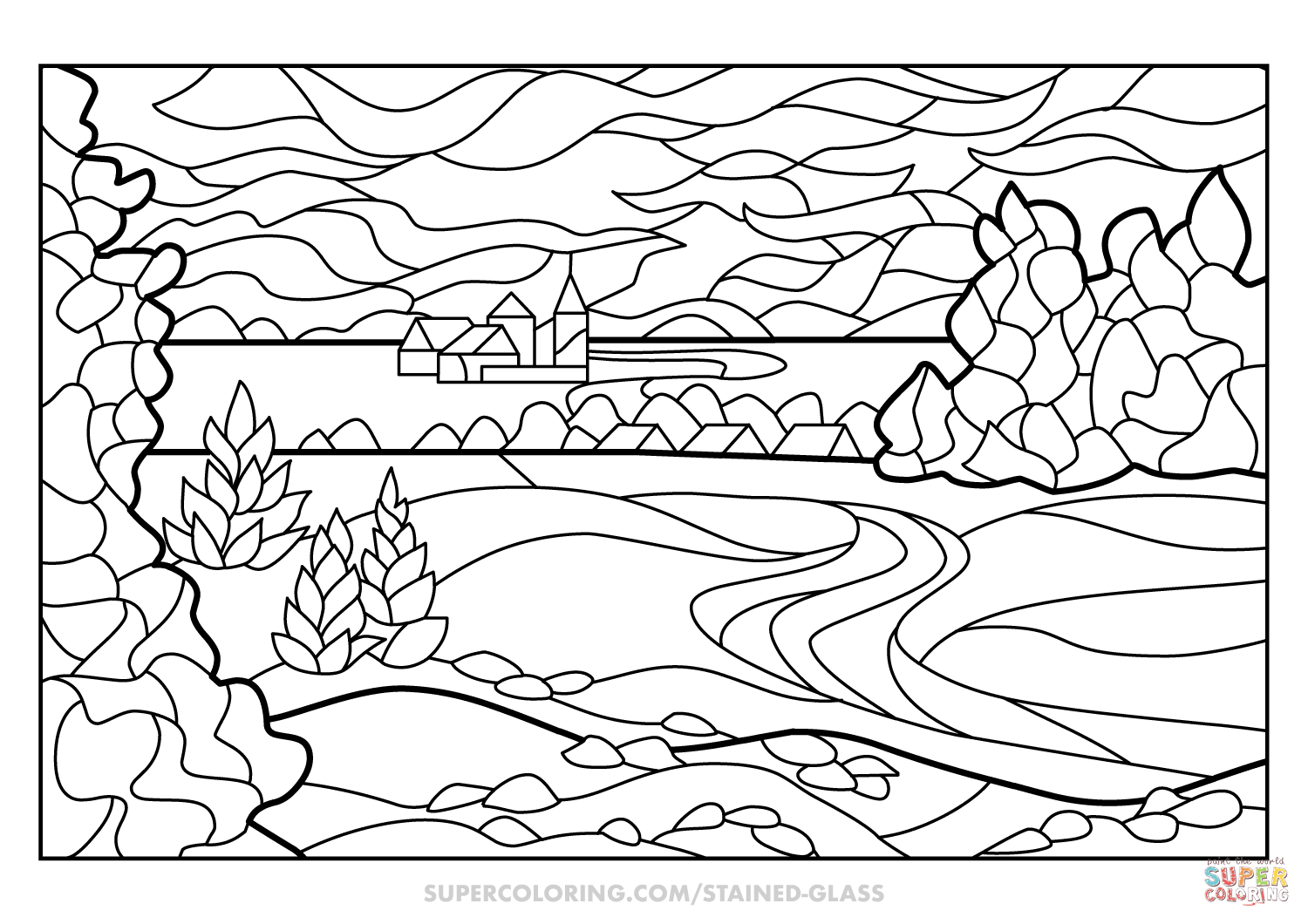 Summer landscape stained glass coloring page free printable coloring pages