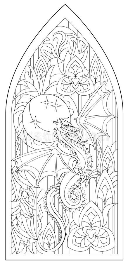Page with black and white drawing of beautiful medieval gothic window with stained glass anâ dragon coloring page fairy coloring pages adult coloring book pages