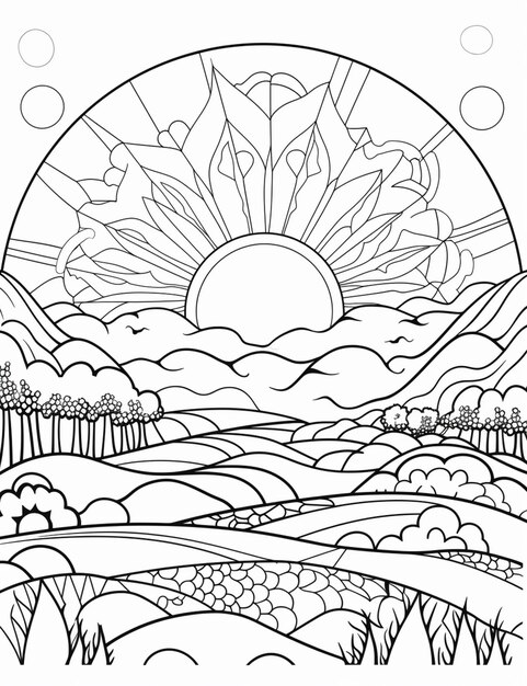 Premium ai image a coloring page with a sun and mountains in the background generative ai