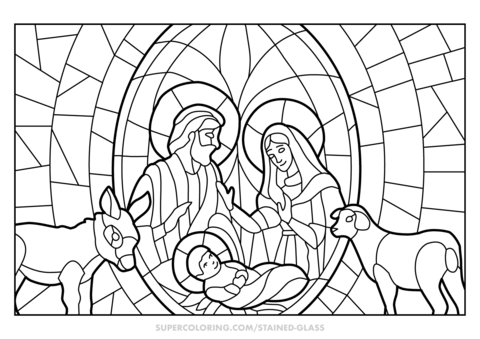Christmas nativity scene stained glass coloring page free printable coloring pages