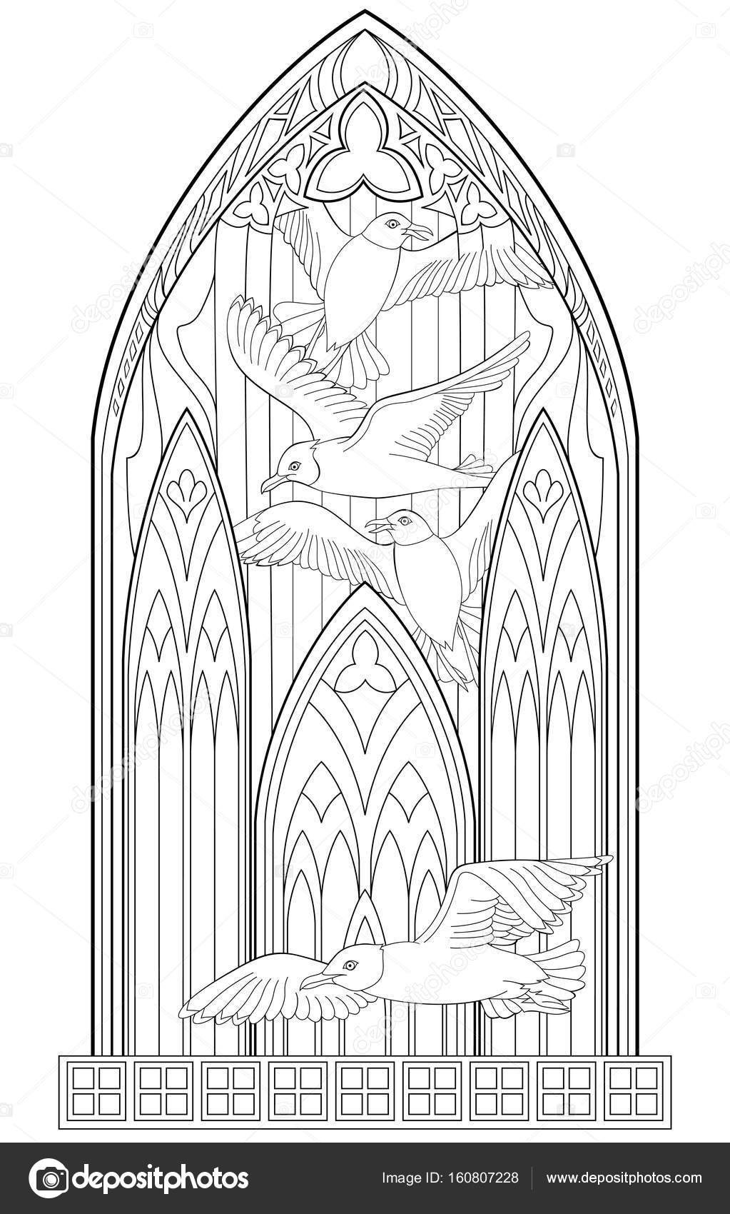 Page with black and white drawing of beautiful medieval gothic window with stained glass and seagulls for coloring worksheet for children and adults stock vector by nataljacernecka