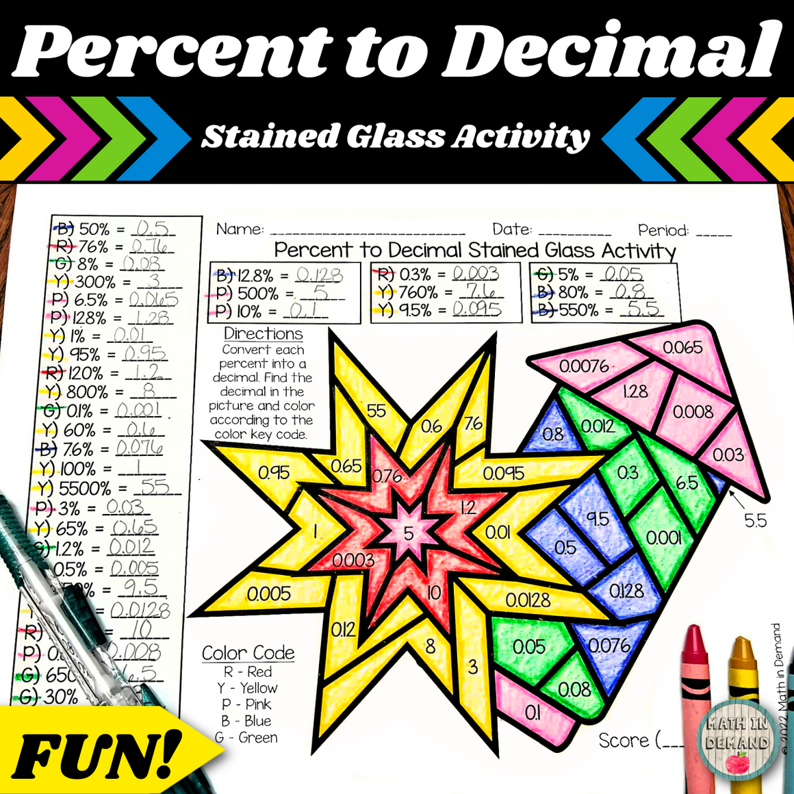 Percent to decimal stained glass activity fall thanksgiving edition