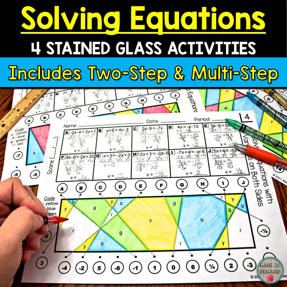 Solving equations stained glass worksheets two