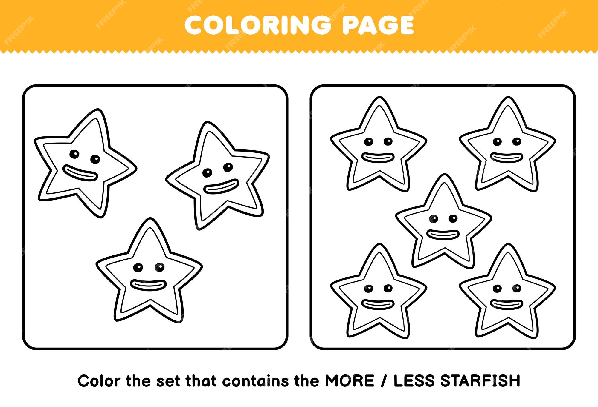 Premium vector education game for children coloring page more or less picture of cute cartoon starfish line art set printable underwater worksheet
