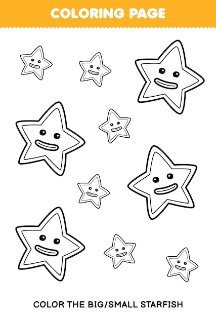 Premium vector education game for children coloring page big or small picture of cute cartoon starfish line art printable underwater worksheet