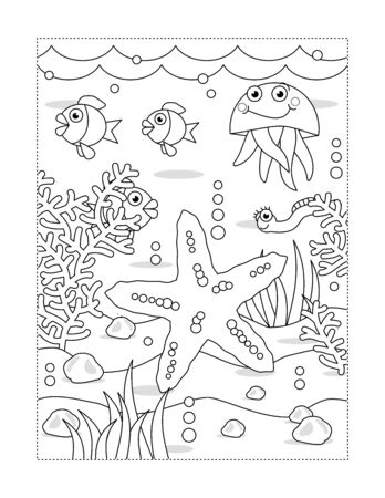 Coloring page with cartoon underwater scene and starfish jellyfish algae fish waves