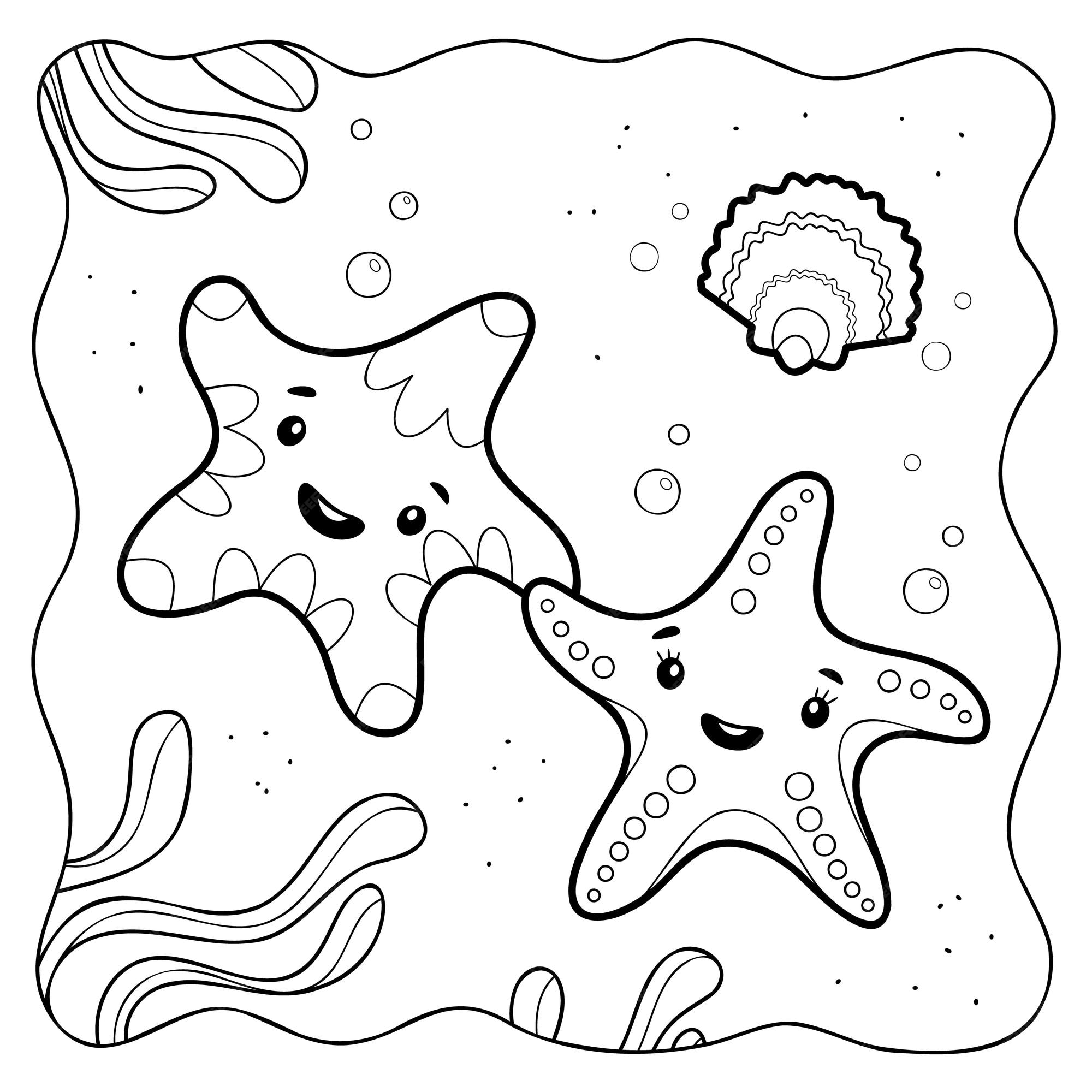 Premium vector starfish black and white coloring book or coloring page for kids marine background