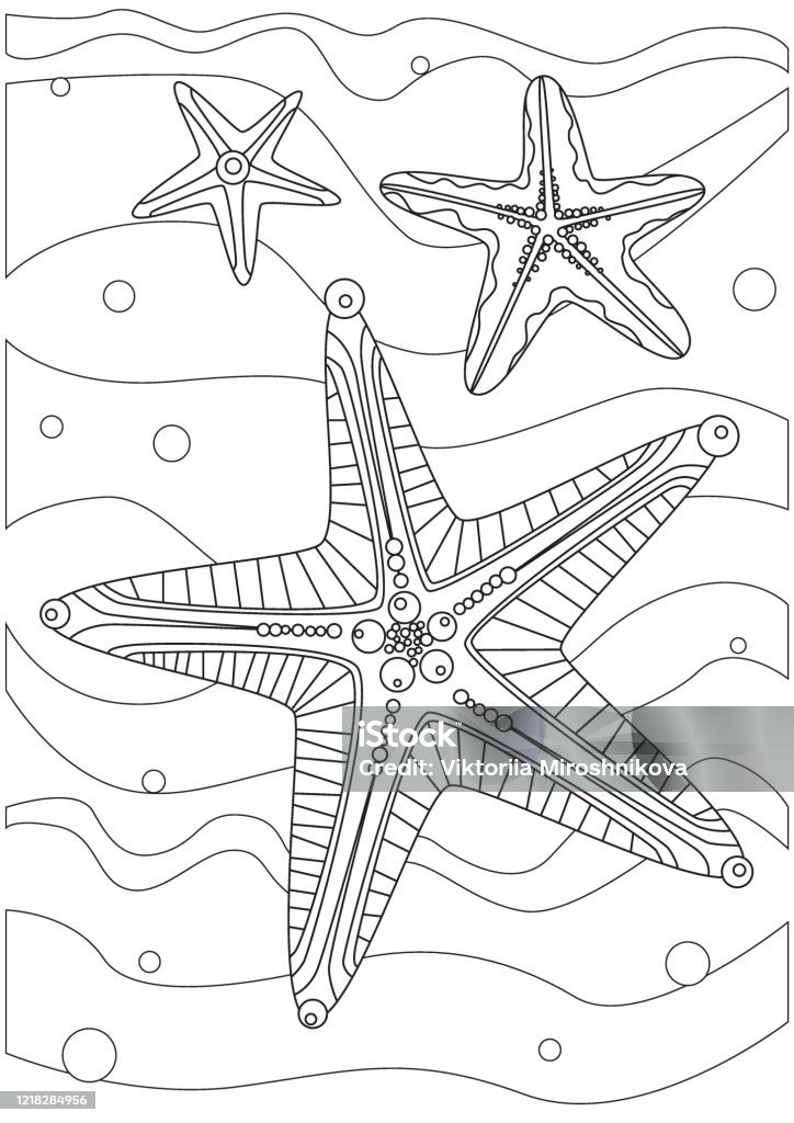 Coloring page with starfish in the sea a outline stock vector illustration with starfish as antistress therapy for children and adults for printing in a book stock illustration