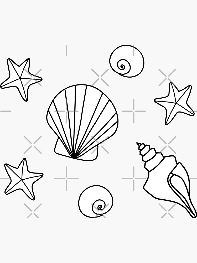 White cartoon seashells and starfish pattern on a light blue backdrop made by endlessemporium sticker for sale by endlessemporium