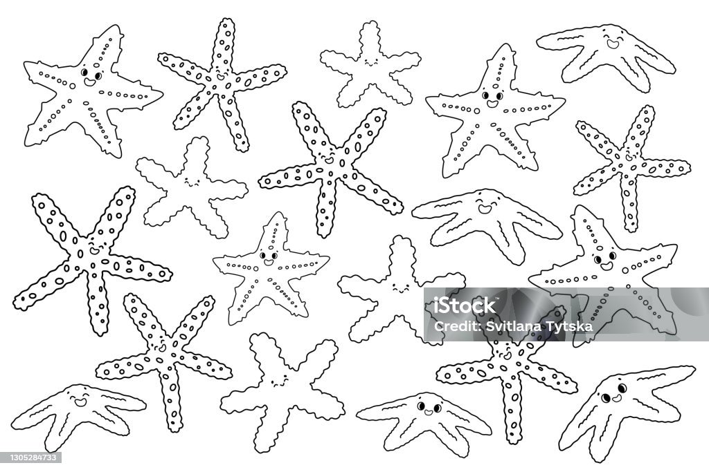 Set of vector black white isolated outline cartoon colorful sea stars or starfish with eyes smile doodle marine invertebrates with five arms on white background for kids coloring book or print stock