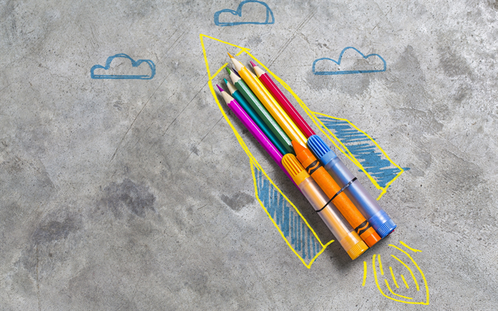 Download wallpapers startup concepts creative rocket takeoff color pencils markers start up for desktop free pictures for desktop free fondos para fotos creatividad lapices de colores