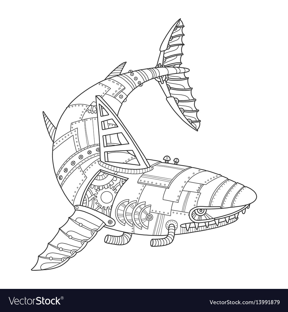 Steam punk style shark coloring book royalty free vector