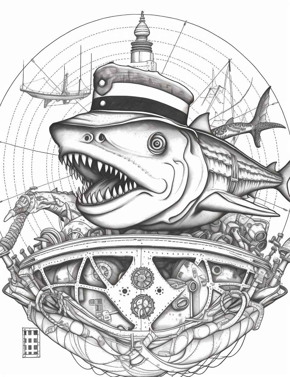 Midjourney prompt steampunk shark coloring page