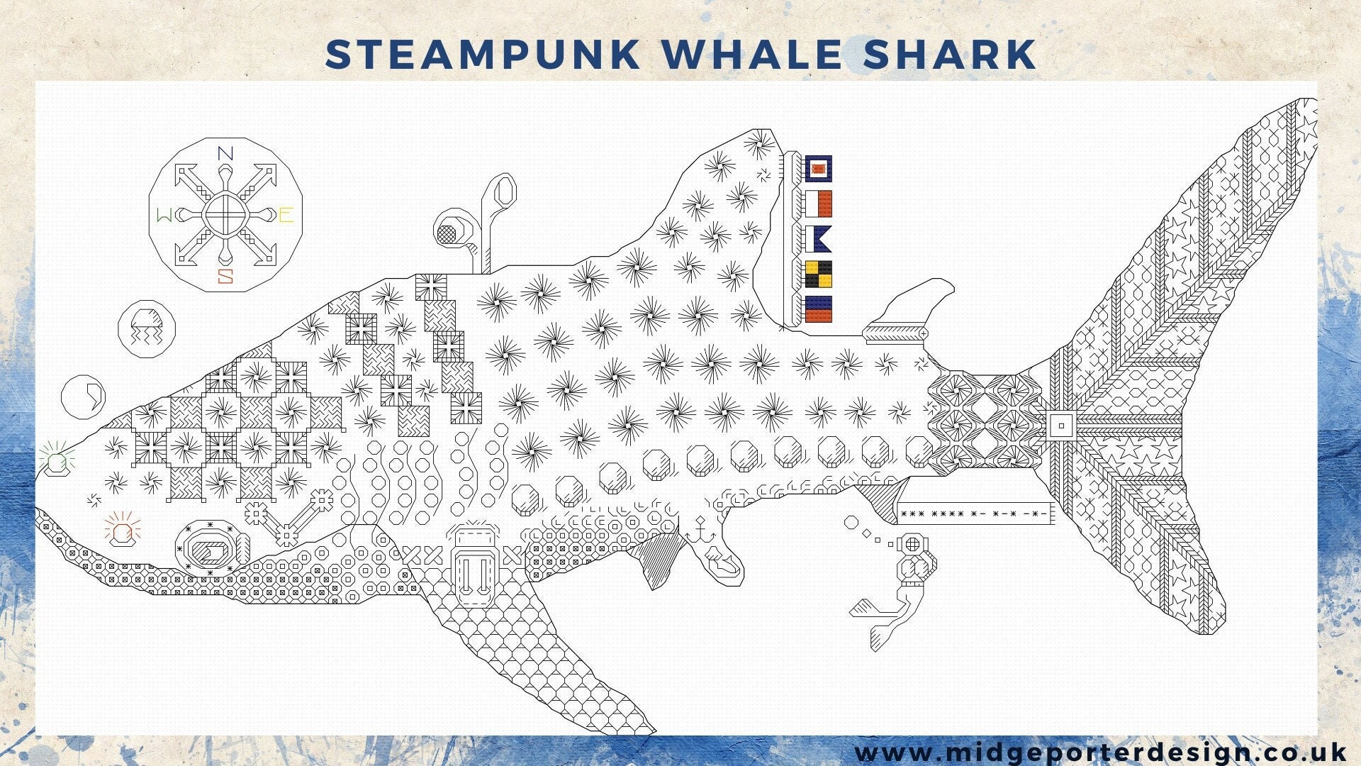 Steampunk whale shark blackwork embroidery pattern pdf downloadable chart by midge porter design