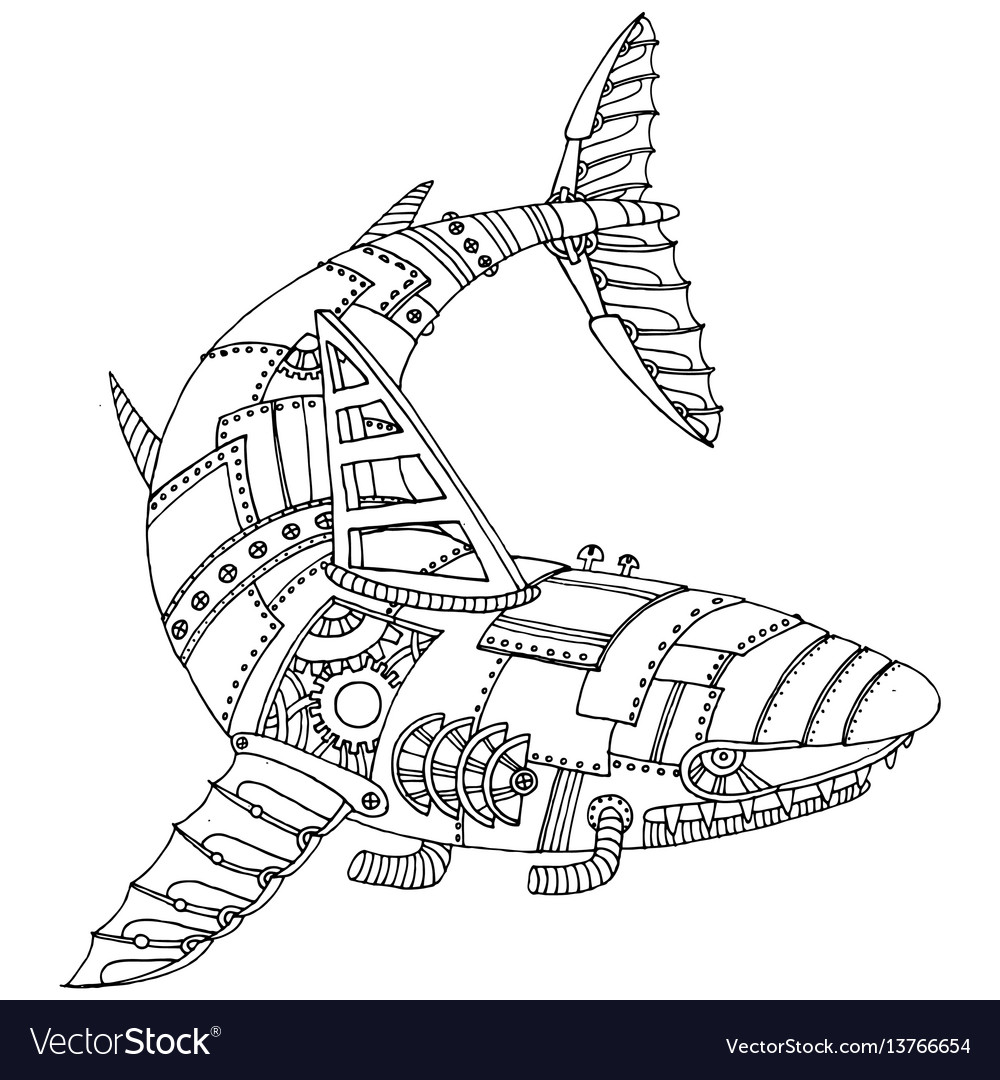 Steam punk style shark coloring book royalty free vector