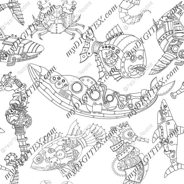 Coloring crab fish seahorse shark steampunk whale conversationals blackwhite