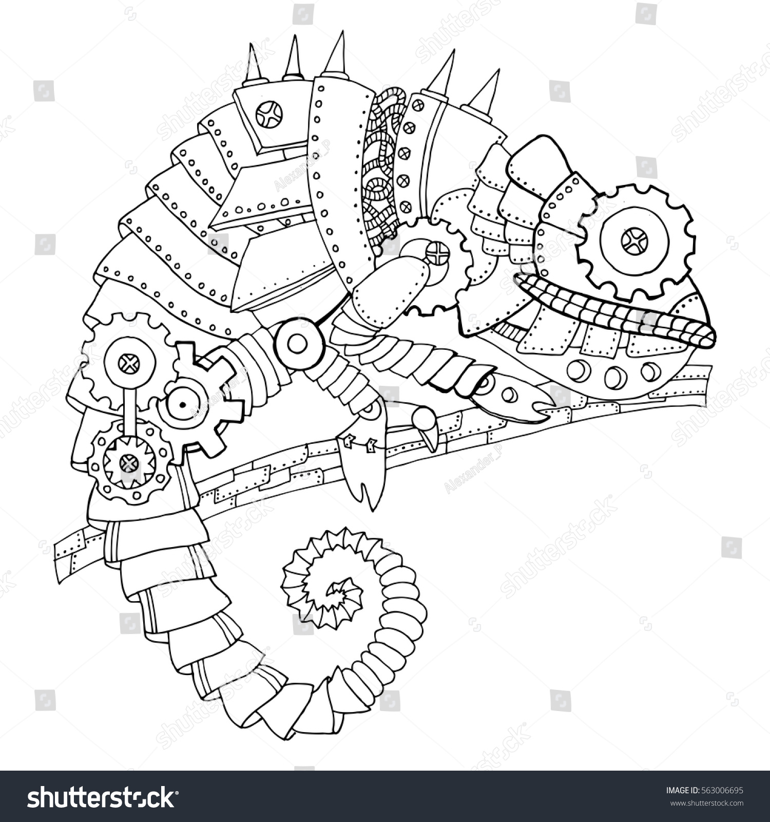 Steampunk style chameleon mechanical animal coloring stock vector royalty free
