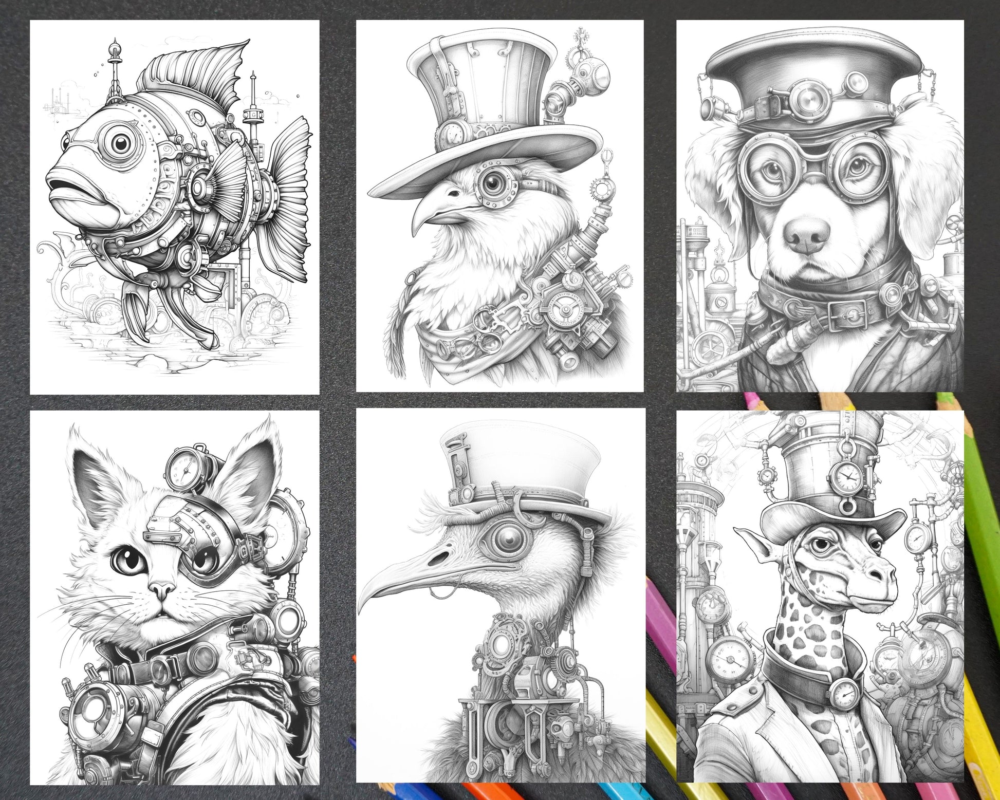 Steampunk animals grayscale coloring pages printable for adults vol â coloring