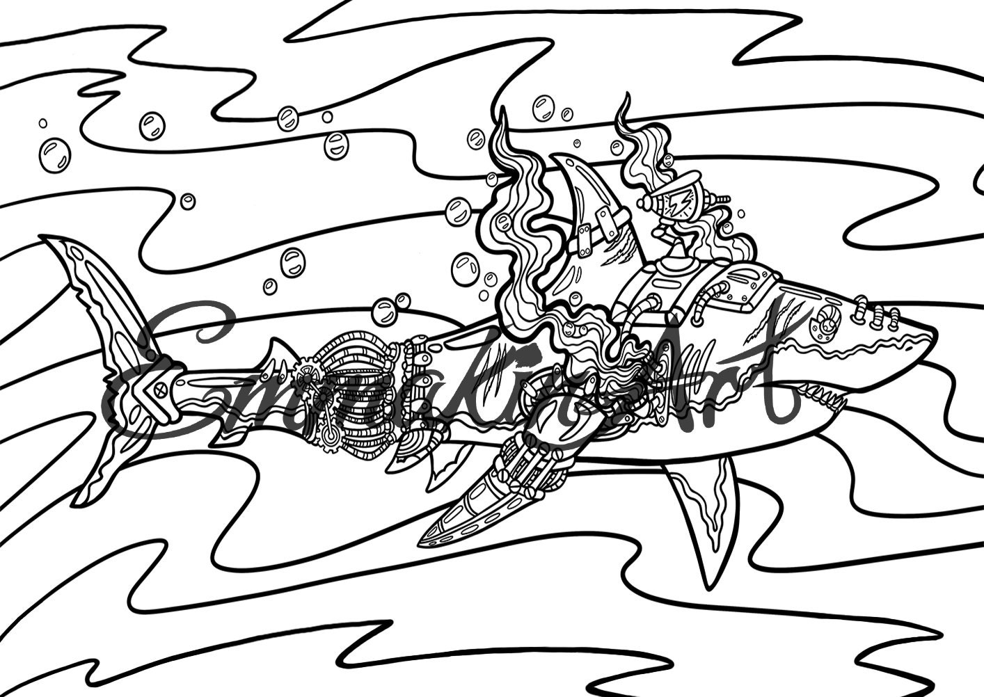 Steampunk shark coloring page for adults digital download instant download