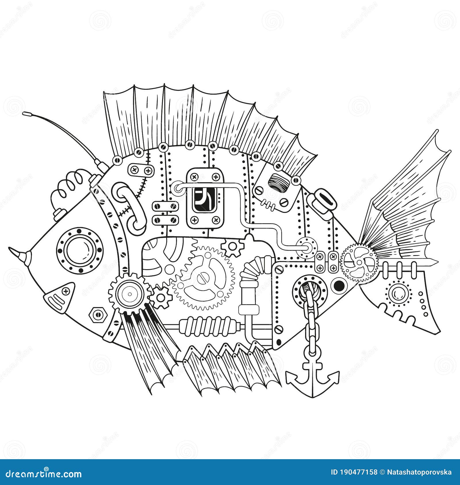 Steampunk vector coloring page vector coloring book for adult for relax and medetation art design of a fictional mechanical fish stock vector