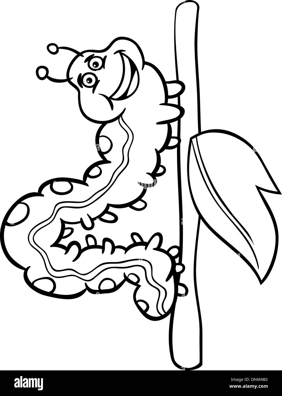 Black and white cartoon illustration of funny caterpillar insect on stick with leaf for coloring book stock vector image art