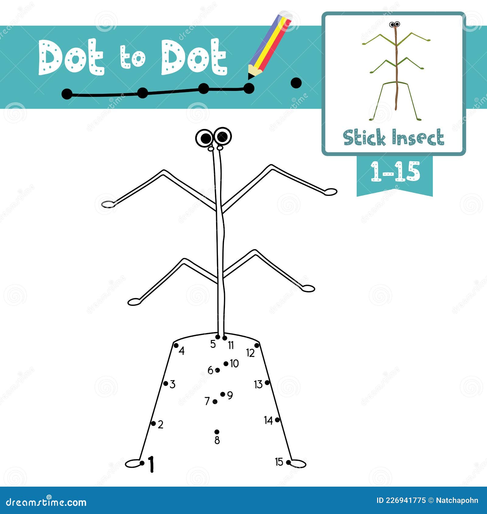 Dot to dot educational game and coloring book stick insect standing on two legs animal cartoon character vector illustration stock vector