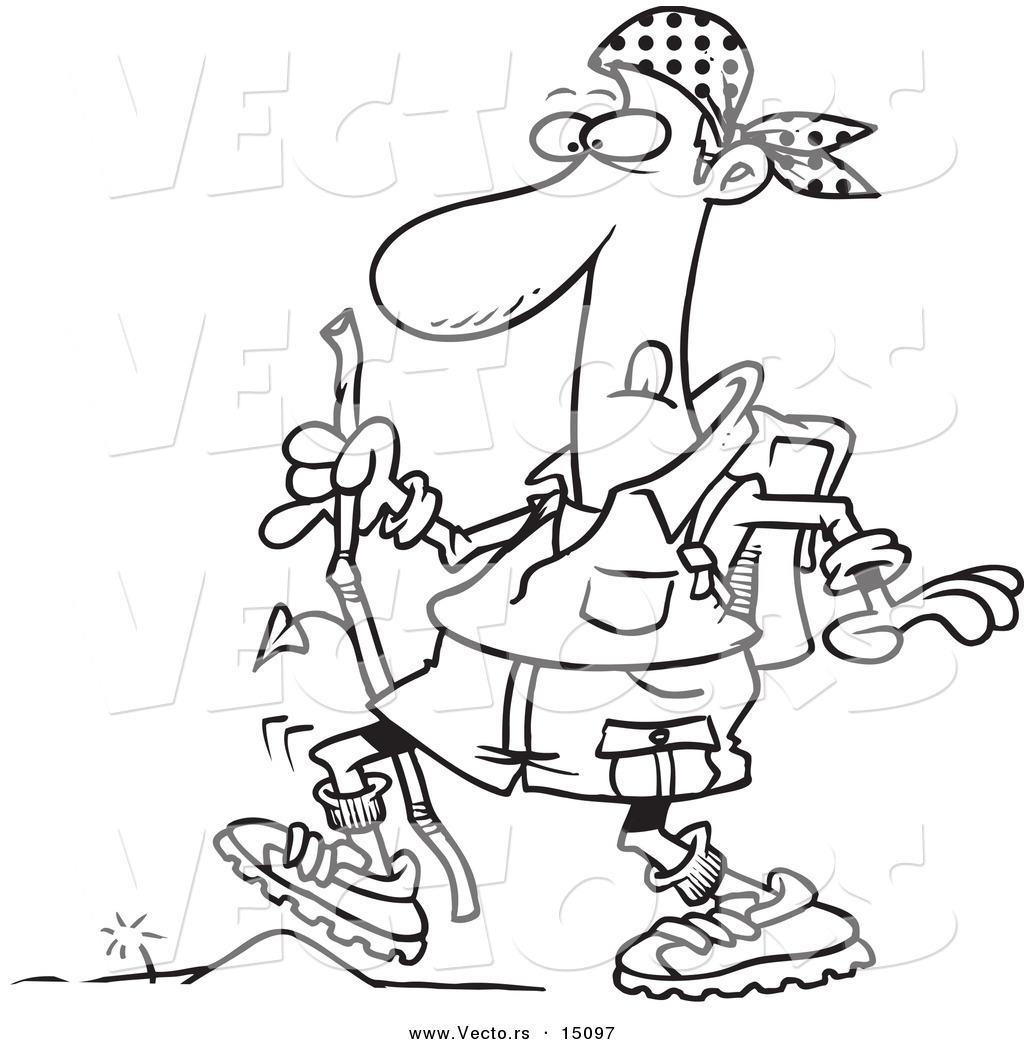 R of a cartoon hiker walking over a tiny obstacle