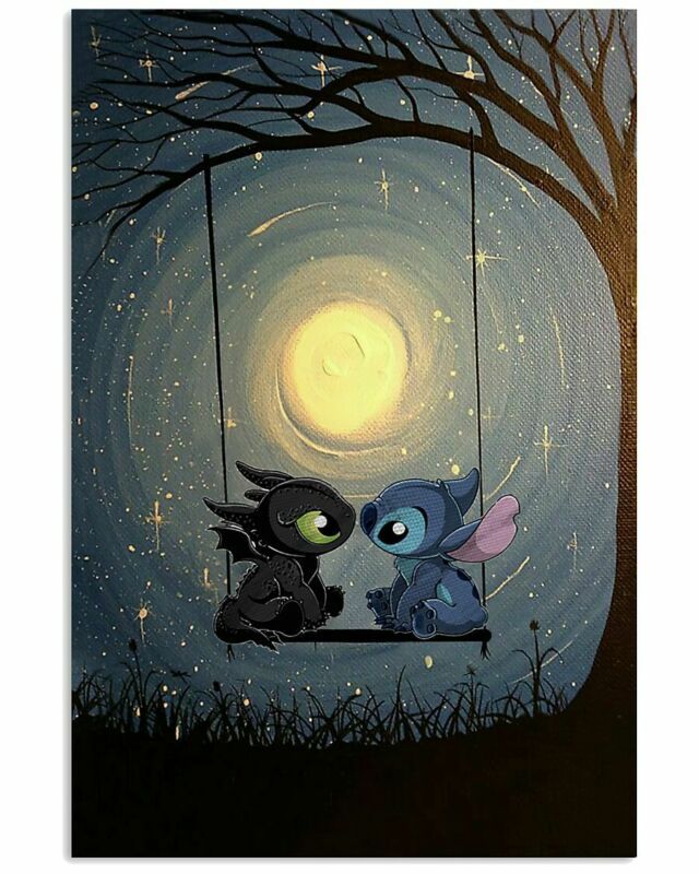 Toothless stitch couple under the moon portrait satin poster no frame posters prints ebay â lilo and stitch drawings cute disney wallpaper disney wallpaper