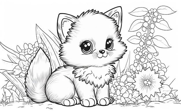 Premium ai image a black and white drawing of a fluffy kitten with a flower background skecth for coloring book