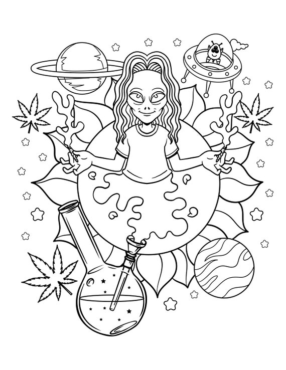 Trippy alien printable pdf stoner weeds digital download psychedelic trippy stoner coloring page